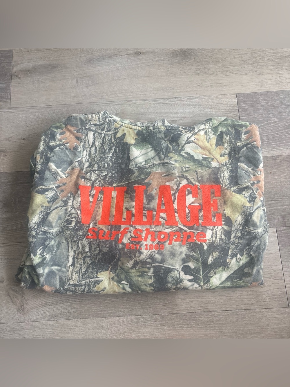 Village Surf Shoppe Camo Crewneck with Orange Logo -sizing runs big